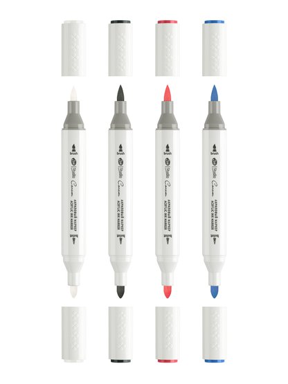 Набор акриловых маркеров двусторонних  "Сонет" "Популярные цвета", перо кисть/пуля , 4 цвета, блистер - Акриловые маркеры