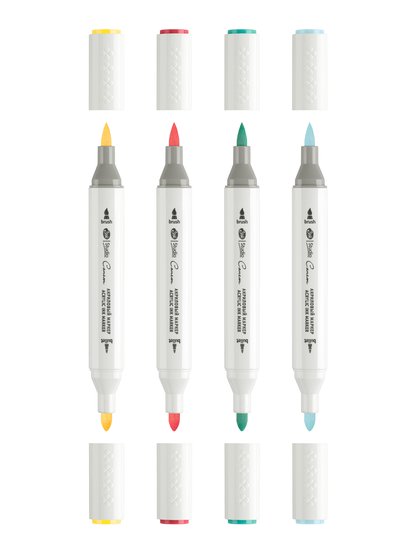 Набор акриловых маркеров двусторонних  "Сонет" "Яркие цвета", перо кисть/пуля , 4 цвета, блистер - Акриловые маркеры