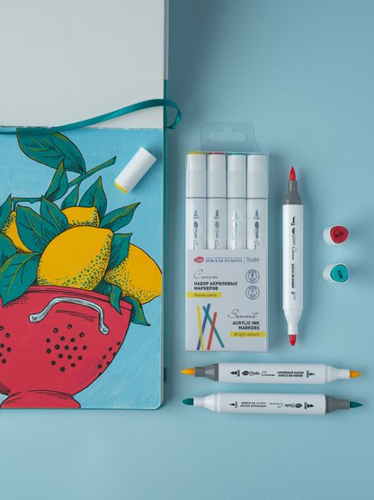 Набор акриловых маркеров двусторонних  "Сонет" "Яркие цвета", перо кисть/пуля , 4 цвета, блистер - Акриловые маркеры