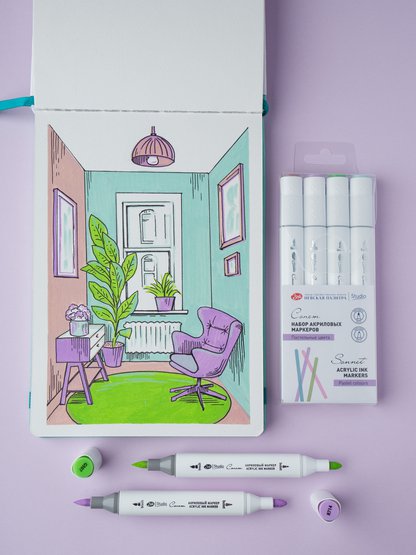 Набор акриловых маркеров двусторонних  "Сонет" "Пастельные цвета", перо кисть/пуля , 4 цвета, блистер - Акриловые маркеры