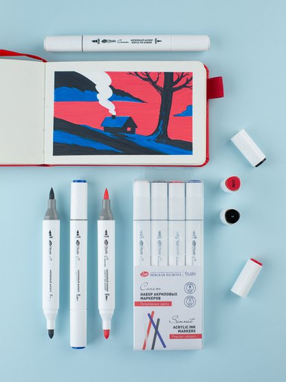 Набор акриловых маркеров двусторонних  "Сонет" "Популярные цвета", перо кисть/пуля , 4 цвета, блистер - Акриловые маркеры