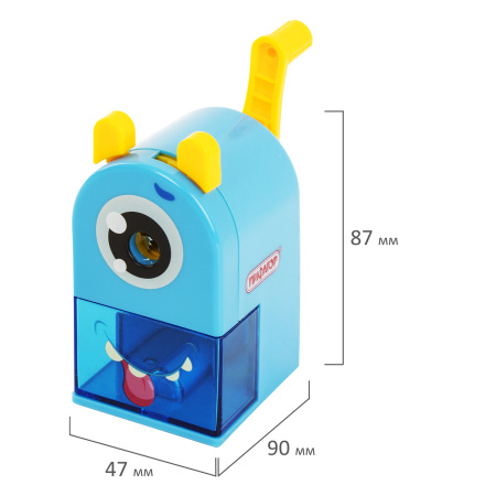 Точилка механическая ПИФАГОР "Монстрик", корпус голубой, для чернографитных и цветных карандашей, 229715 - Точилки механические