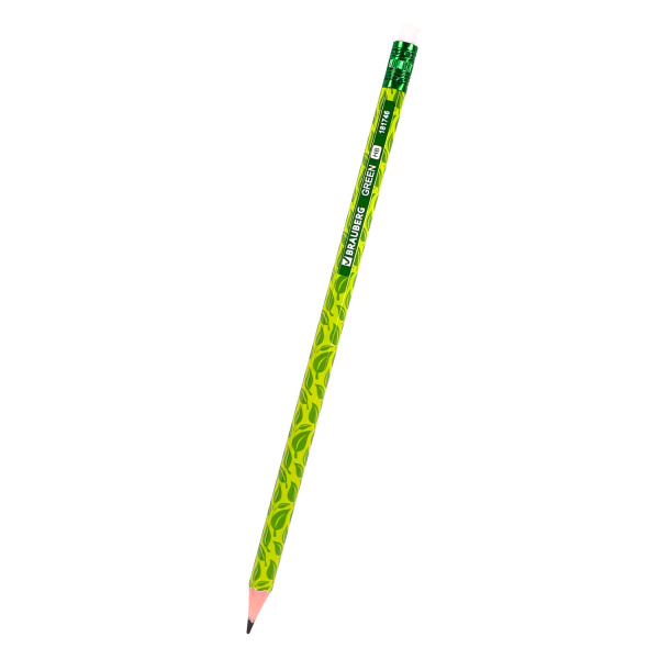 Карандаш чернографитный BRAUBERG "GREEN", 1 шт., HB, с ластиком, пластиковый, ассорти, 181746 - Карандаши чернографитные