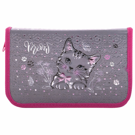 Пенал ЮНЛАНДИЯ, 1 отделение, металлизированный картон, конгрев, 19х11 см, "Meow", 271103 - Пеналы каркасные