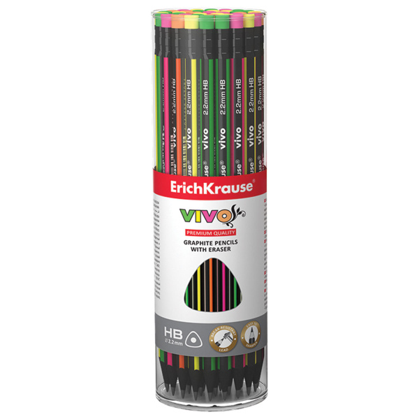 Карандаш чернографитный ERICH KRAUSE, 1шт., "Vivo", HB, черное дерево, с ластиком, корпус ассорти, заточенный, 45623 - Карандаши чернографитные