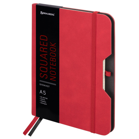 Блокнот А5 (162х218 мм), BRAUBERG "NOTE", под кожу софт-тач, с резинкой, 80 л., клетка, красный, 113439 - Бизнес-блокноты и бизнес-тетради