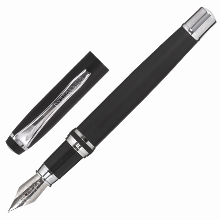 Набор ручек подарочных BRAUBERG Duetto, СИНИЕ, 2 шт: шариковая, перьевая, черный с хромированными деталями, 143478 - Ручки бизнес-класса