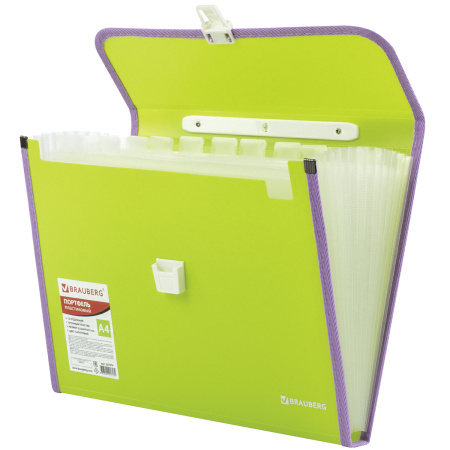 Папка-портфель пластиковая BRAUBERG "JOY", А4 (330х245х35 мм), 13 отделений, с окантовкой, салатовая, 227974 - Портфели пластиковые