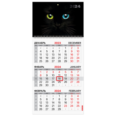 Календарь квартальный на 2024 г., 3 блока 1 гребень с бегунком, мелованная бумага, "Cat's eyes", BRAUBERG, 115309