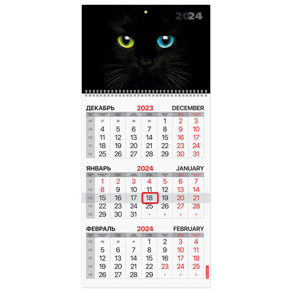 Календарь квартальный на 2024 г., 3 блока 1 гребень с бегунком, мелованная бумага, "Cat's eyes", BRAUBERG, 115309