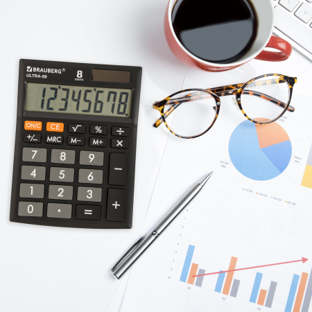 Калькулятор настольный ULTRA-08-BK, размер 154x115 мм, 8 разрядов, двойное питание, ЧЕРНЫЙ от BRAUBERG - Калькуляторы