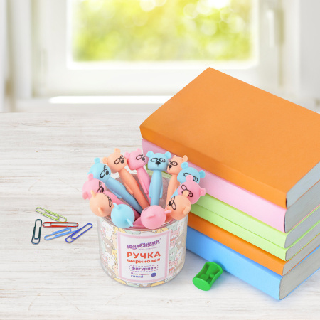 Ручка фигурная шариковая ЮНЛАНДИЯ "Мишка", мягкий силиконовый корпус, ассорти, СИНЯЯ, пишущий узел 0,7 мм, 143780 - Ручки фигурные