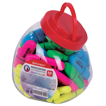 Текстовыделитель мини BRAUBERG "NEON Mini", АССОРТИ В ПЛАСТИКОВОЙ БАНКЕ, линия 1-5 мм, 152431 - Текстовыделители