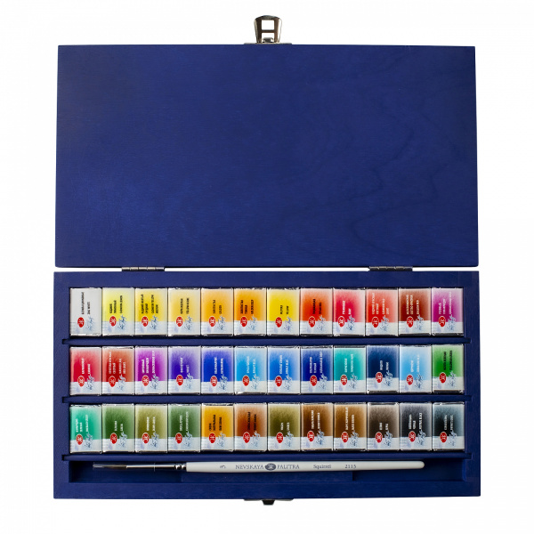 Набор акварельных красок "Белые Ночи" 36 кювет по 2,5мл в пенале из синего дерева с кистью - Акварель художественная в наборах