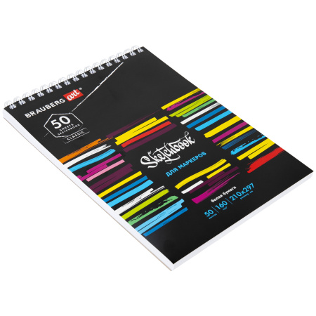 Скетчбук для маркеров, бумага 160 г/м2, 210х297 мм, 50 л., гребень, подложка, BRAUBERG ART CLASSIC, "Неон", 115077 - Альбомы, скетчбуки и бумага для графики и эскизов