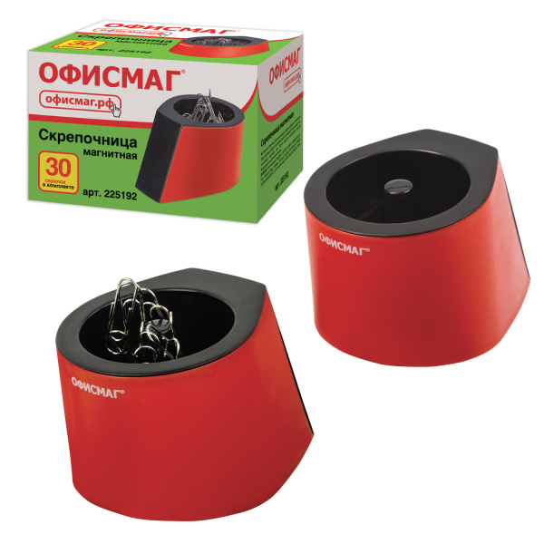 Скрепочница магнитная ОФИСМАГ с 30 скрепками, стильный корпус, красно-черная, 225192 - Диспенсеры для скрепок