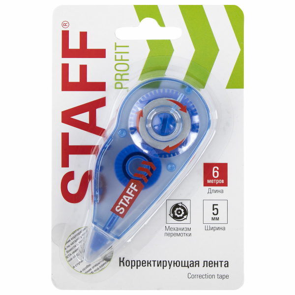 Корректирующая лента STAFF PROFIT, 5 мм х 6 м, механизм перемотки, корпус голубой, блистер, европодвес, 271254 - Корректирующие ленты