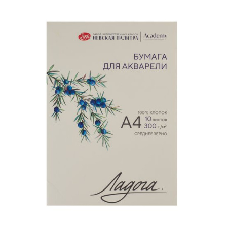 Папка с бумагой для акварели "Ладога", 300 г/м2, А4, 100% хлопок, 10 листов, среднее зерно