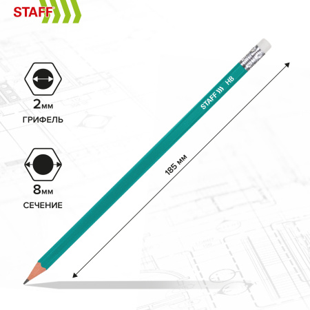 Карандаши чернографитные с ластиком STAFF EVERYDAY BLP-GRN, КОМПЛЕКТ 50 шт., НВ, корпус зеленый, 181941 - Карандаши чернографитные