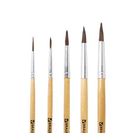 Кисти BRAUBERG, набор 5 шт. (пони, круглые № 1, 2, 3, 4, 5), блистер, 200222 - Кисти для рисования