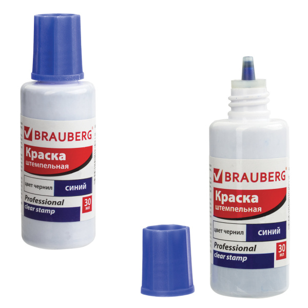 Краска штемпельная BRAUBERG PROFESSIONAL, clear stamp, синяя, 30 мл, на водной основе, 227981 - Штемпельная краска