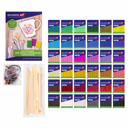 Глина полимерная запекаемая, НАБОР 36 цветов по 20 г, с аксессуарами в кейсе, BRAUBERG ART, 271164 - Глина полимерная