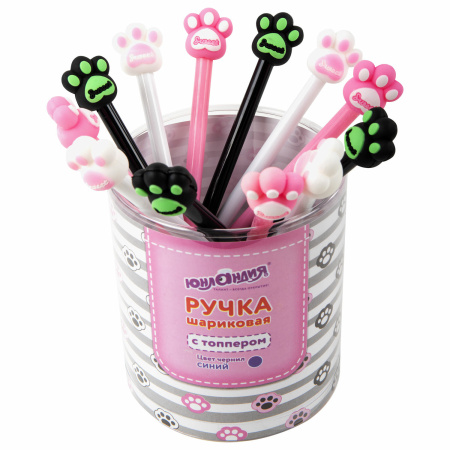 Ручка с топпером шариковая ЮНЛАНДИЯ "Лапка", корпус ассорти, СИНЯЯ, пишущий узел 0,7 мм, 143784 - Ручки фигурные