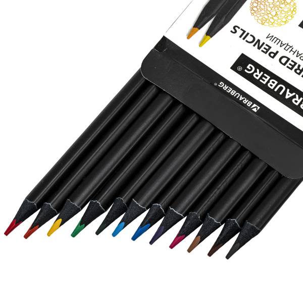 Карандаши цветные чёрное дерево BRAUBERG BLACK WOOD, 12 цветов, трехгранный корпус, грифель мягкий 3 мм, 181948 - Карандаши цветные
