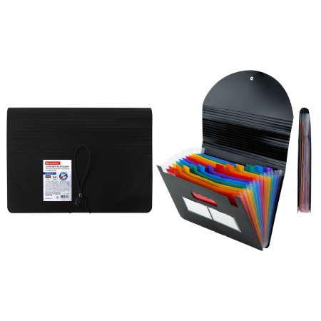 Папка-органайзер для бумаг и документов на резинке, 13 отделений, BRAUBERG DOCS, А4, черная, 271152 - Папки пластиковые с отделениями