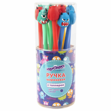 Ручка с топпером шариковая ЮНЛАНДИЯ "Монстрик", корпус ассорти, СИНЯЯ, пишущий узел 0,7 мм, 143798 - Ручки фигурные