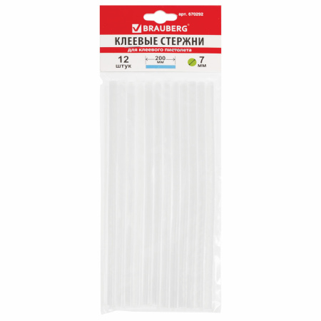 Клеевые стержни, диаметр 7 мм, длина 200 мм, прозрачные, комплект 12 шт., BRAUBERG - Клеевые пистолеты, стержни, ножницы
