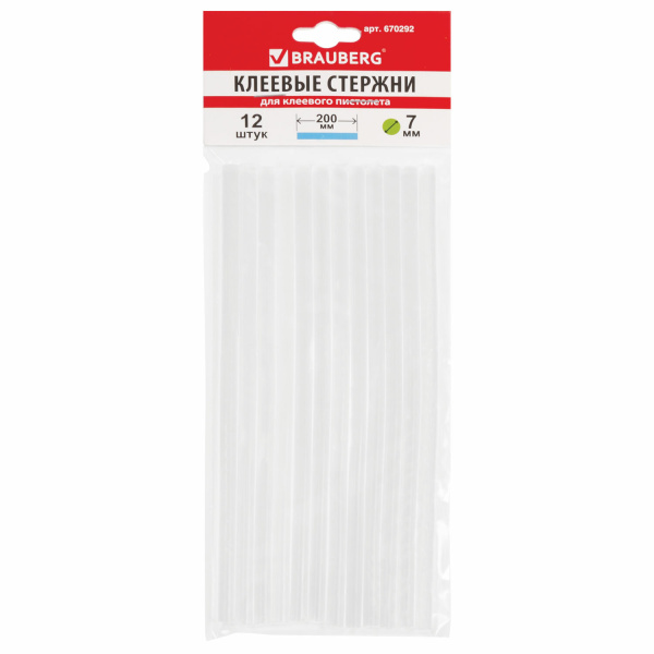 Клеевые стержни, диаметр 7 мм, длина 200 мм, прозрачные, комплект 12 шт., BRAUBERG - Клеевые пистолеты, стержни, ножницы