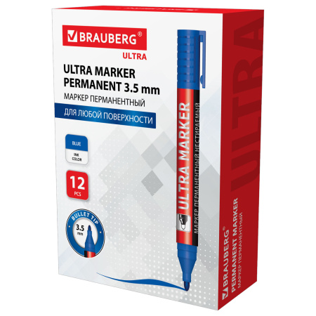 Маркер перманентный ULTRA MARKER, СИНИЙ, 3,5 мм, с клипом, BRAUBERG, 152206 - Маркеры перманентные