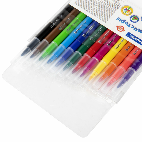 Фломастеры утолщенные 12 цветов, вентилируемый колпачок, BRAUBERG "PREMIUM", ПВХ-упаковка, 152196 - Фломастеры классические