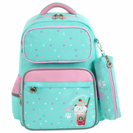 Рюкзак ЮНЛАНДИЯ COMPLETE, с пеналом в комплекте, эрго-спинка, "Yummy cat", 42х29х14 см - Рюкзаки для начальной и средней школы