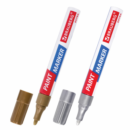 Маркер-краска лаковый EXTRA (paint marker) 4 мм, НАБОР 2 цвета, ЗОЛОТОЙ/СЕРЕБРЯНЫЙ, УСИЛЕННАЯ НИТРО-ОСНОВА, BRAUBERG, 151997 - Маркеры-краски лаковые