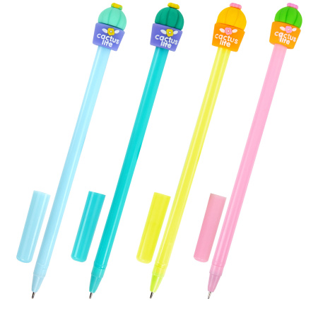 Ручка с топпером шариковая ЮНЛАНДИЯ "Кактус", корпус ассорти, СИНЯЯ, пишущий узел 0,7 мм, 143800 - Ручки фигурные