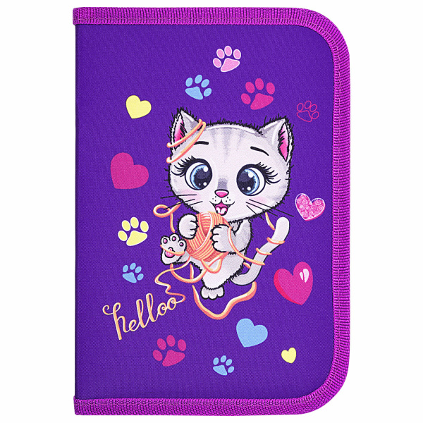 Пенал BRAUBERG, 1 отделение, 1 откидная планка, полиэстер, 21х14 см, "Playing kitty", 271521 - Пеналы каркасные