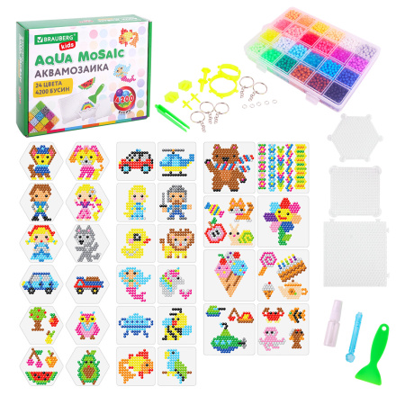 Аквамозаика 24 цвета 4200 бусин, с трафаретами, инструментами и аксессуарами, BRAUBERG KIDS, 664916 - Аквамозайка