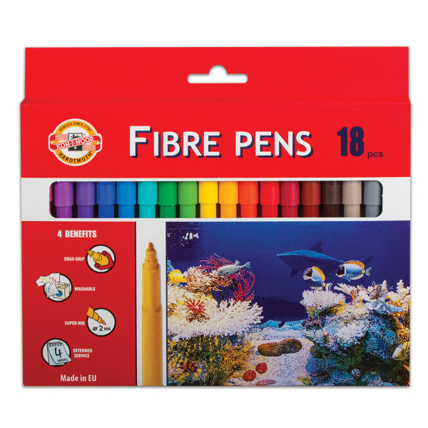 Фломастеры KOH-I-NOOR "Рыбки", 18 цветов, смываемые, трехгранные, картонная упаковка, европодвес, 771002AH05KS - Фломастеры классические