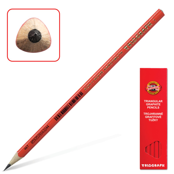 Карандаш чернографитный KOH-I-NOOR, 1 шт, Triograph, B, трехгранный, без резинки, корпус красный, заточенный