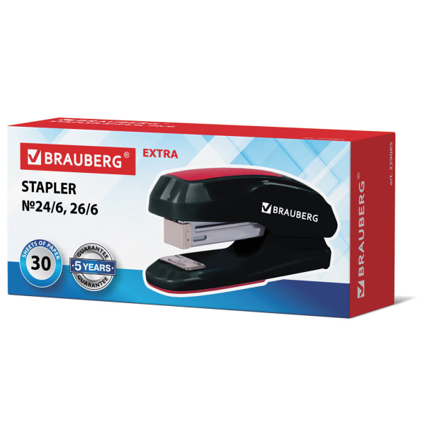 Степлер №24/6, 26/6 BRAUBERG "Extra", до 30 листов, черно-красный, 229085 - Степлеры настольные