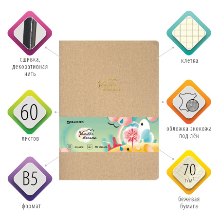 Тетрадь 60 л. в клетку обложка кожзам под лён, сшивка, B5 (179х250мм), БЕЖЕВЫЙ, BRAUBERG PASTEL, 403874 - Тетради более 60 листов