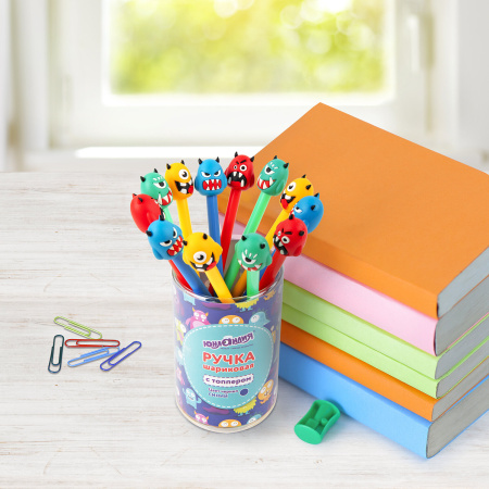 Ручка с топпером шариковая ЮНЛАНДИЯ "Монстрик", корпус ассорти, СИНЯЯ, пишущий узел 0,7 мм, 143798 - Ручки фигурные