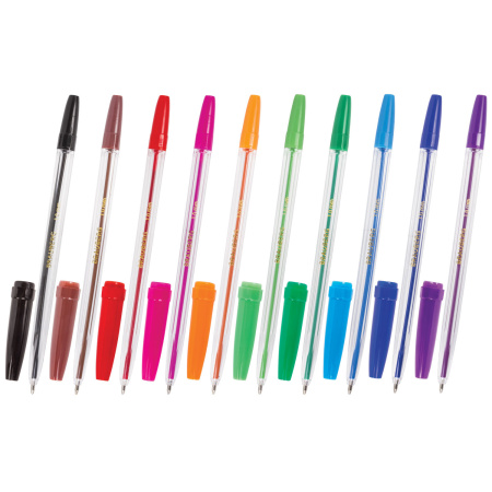 Ручки шариковые BRAUBERG, НАБОР 10 шт., АССОРТИ, "Line", корпус прозрачный, узел 1 мм, линия письма 0,5 мм, 141874 - Ручки шариковые неавтоматические