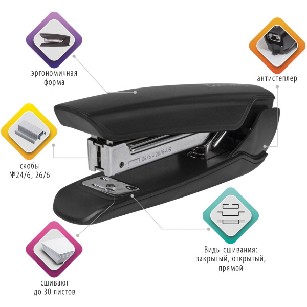 Степлер №24/6, 26/6 BRAUBERG "ULTRA", до 30 листов, с антистеплером, черный, 228756 - Степлеры настольные