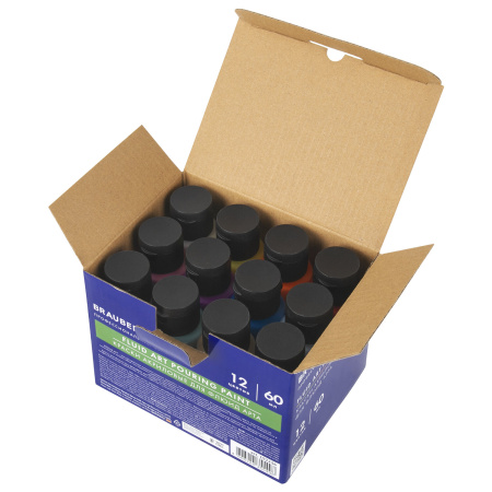 Краски акриловые для техники "Флюид Арт" (POURING PAINT), НАБОР 12 цветов по 60 мл, BRAUBERG ART CLASSIC, 192236 - Акриловые краски художественные в наборах