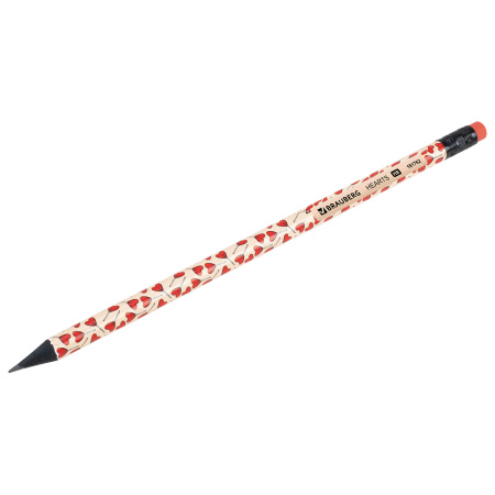 Карандаш чернографитный BRAUBERG "HEARTS", 1 шт., HB, с ластиком, корпус ассорти, 181762 - Карандаши чернографитные