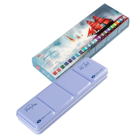 Набор акварельных художественных красок Белые ночи - Грануляция 21 цвет в кюветах по 2,5 мл, металлический пенал с палитрой - Акварель художественная в наборах