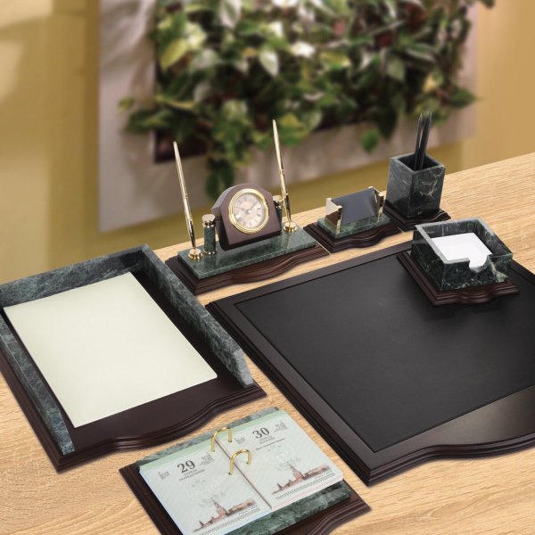 Набор настольный GALANT из мрамора, 7 предметов, зеленый мрамор/отделка красное дерево, 231485 - Настольные наборы и аксессуары из мрамора